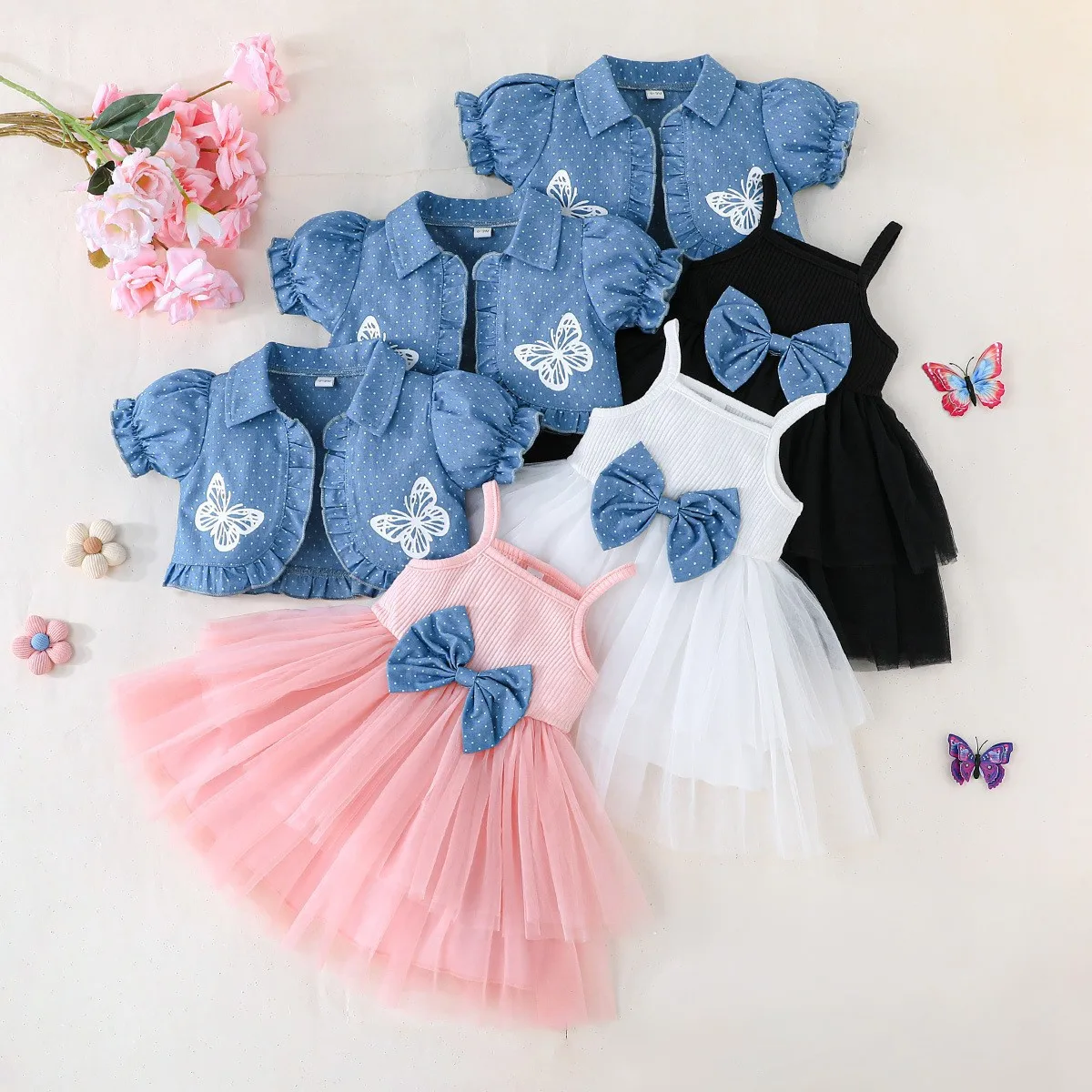 New girls bow suspender  set spring and summer Korean version mesh two-piece set children's princess skirt