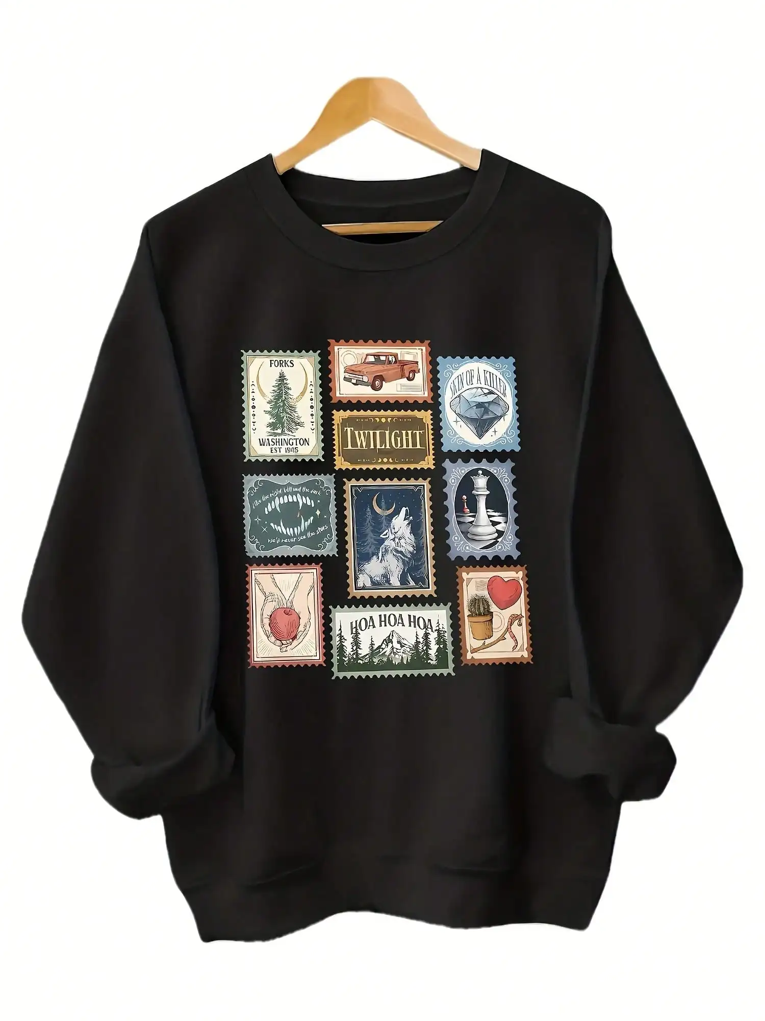 

Twilight Themed Stamp Print Crewneck Sweatshirt for Women, Casual Fall Winter Wear