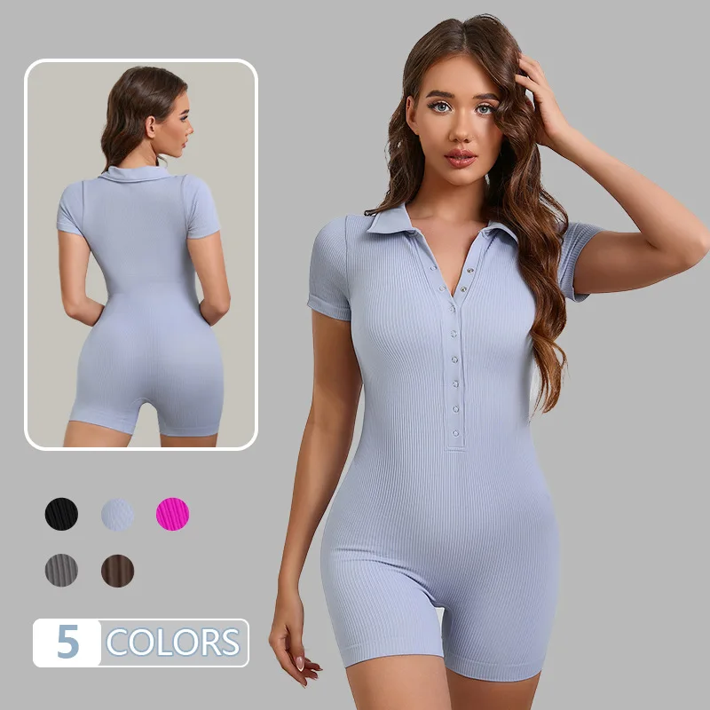 combinaison-de-yoga-cotelee-pour-femme-col-en-v-taille-elastique-manches-courtes-coupe-ajustee-couleur-unie-style-moulant