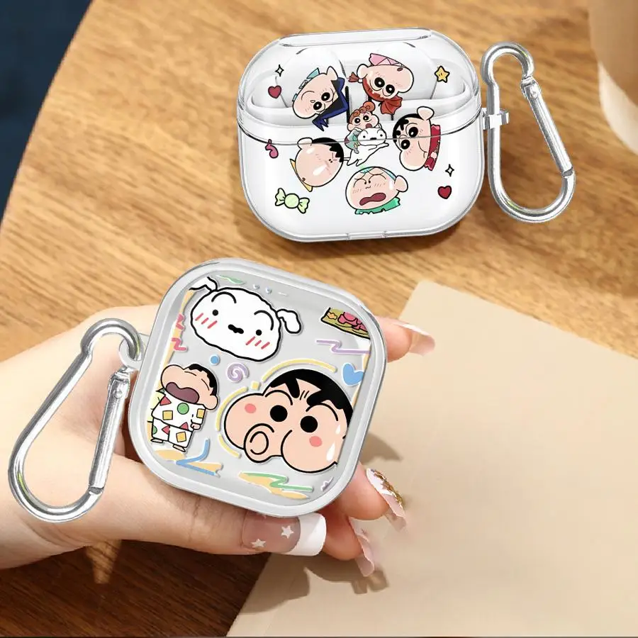 Clear Earphone Cases Cover With Hook Case For Samsung Galaxy Buds 4 Pro 2 Live 3 FE 3Pro 4Pro 2Pro Cartoon C-Crayons Shin-chans