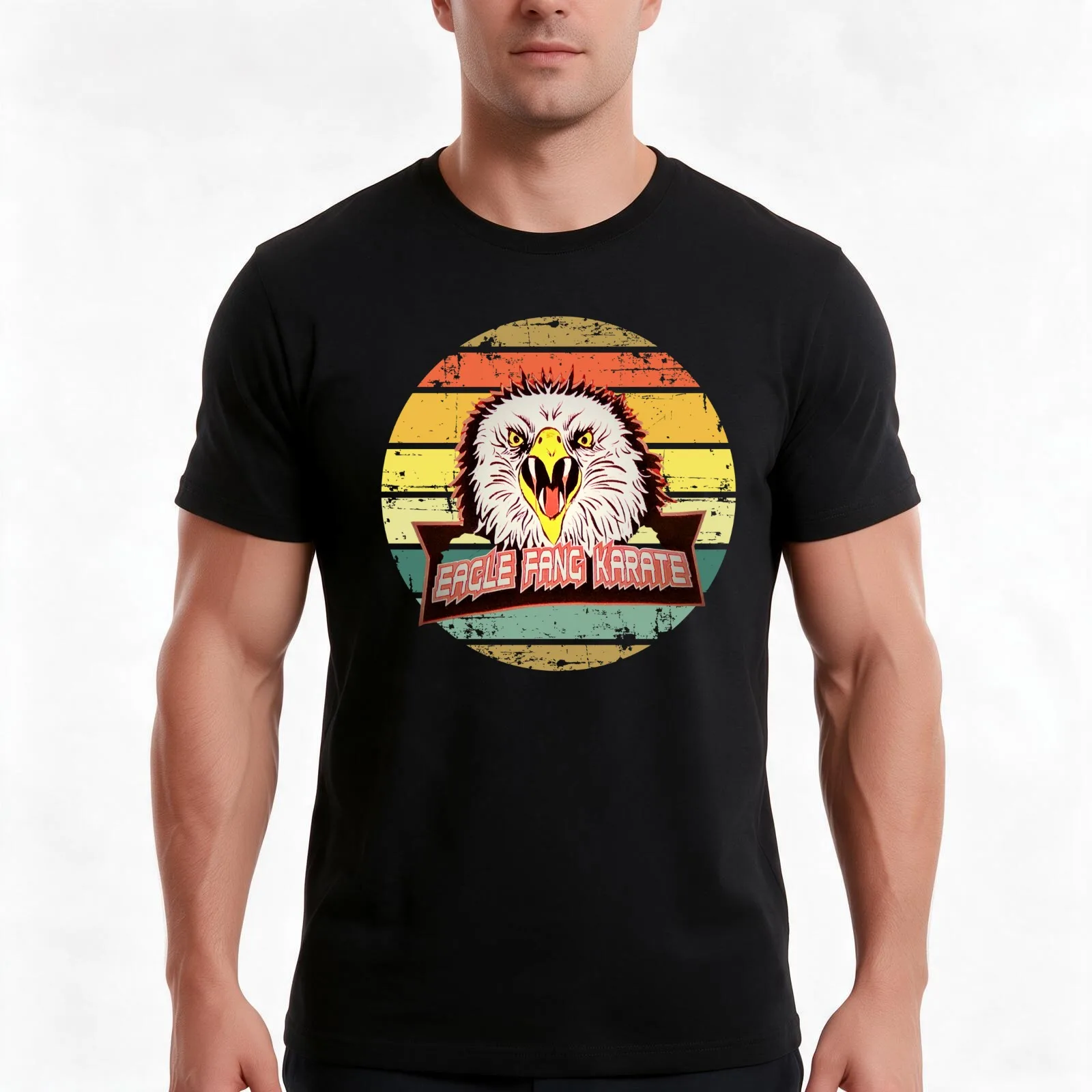 Vintage Sunset Eagle Fang Karate T-Shirt, Summer Casual Cotton Tee, Oversized Streetwear Tops, Vintage Graphic Print