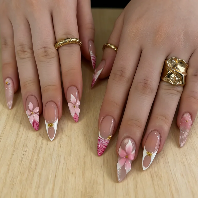 

24PCS Gentle Nude Pink Press on Nails with 3D Flower French Tip Wearable False Nail Artificial Diamond Sweet cool Daily Nail Art