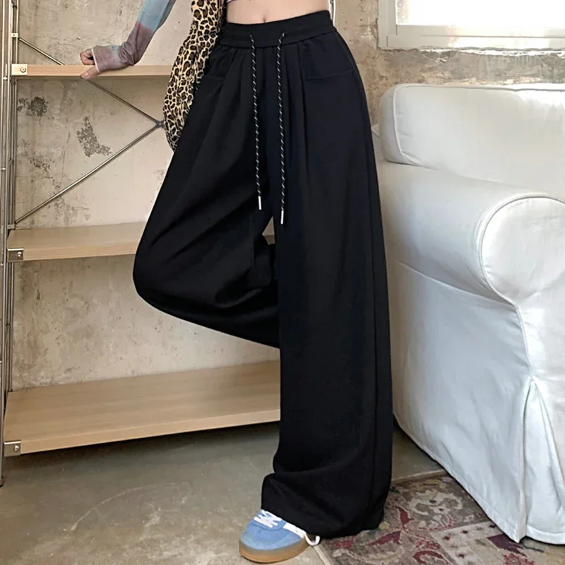 2025 New Female Solid High Waist Pants Chic Streetwear Girls Wide Leg Trousers Lady Drawstring Baggy Casual Pants
