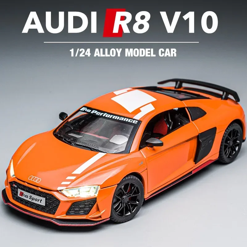 1:24 Audi R8 V10  Sports Car Model Diecast Metal Toy Sound and Light Children's Toys Collectible Ornament Gift for Children C163