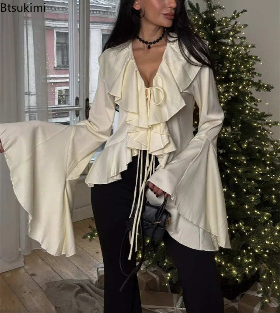 

Women's Spring Satin Ruffled Flared Sleeve Long Sleeved Tops Solid Color T-shirt Slim Fit French Minimalist Style Commuter Shirt