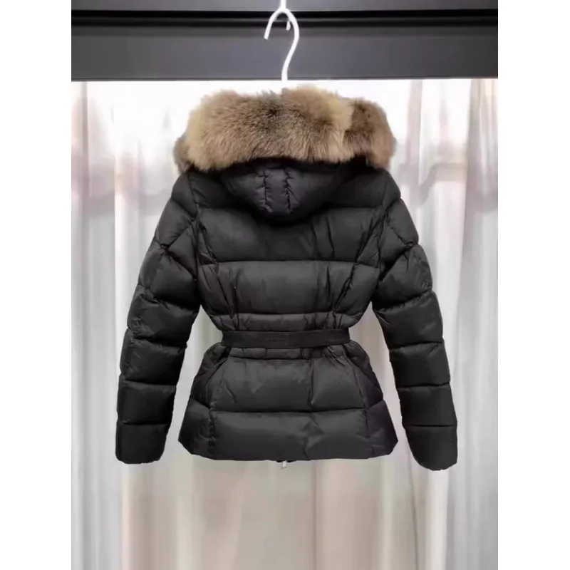 Winter New European Down Coat Women Short White Duck Down Thick Fleece Collar Waist Fit Windproof Hooded Coat