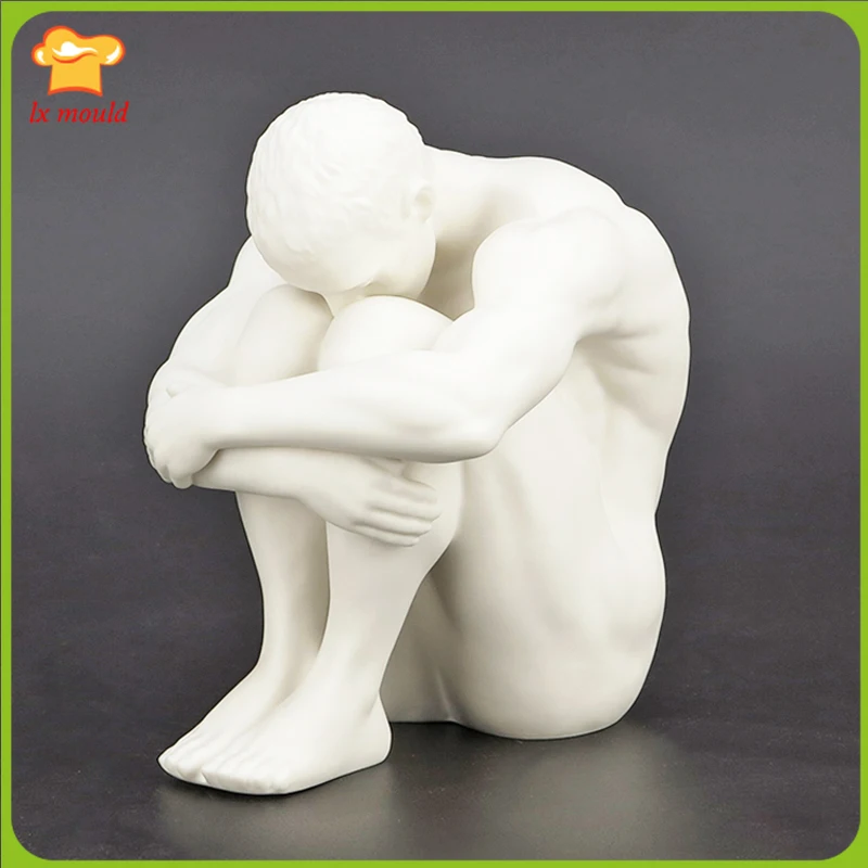 New Large Male Sitting Posture Candle Silicone Molds Plaster, Resin, Handmade 3D Body Soap Moulds - With Both Hands Hug Legs