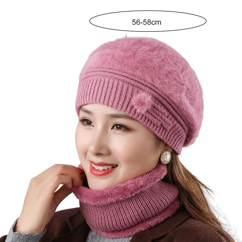 2Pcs/Set Winter Knitted Hat Faux Rabbit Fur Hat Scarf Set Autumn Winter Women Knitted Fleece Lining Beret Cap Neckerchief Set