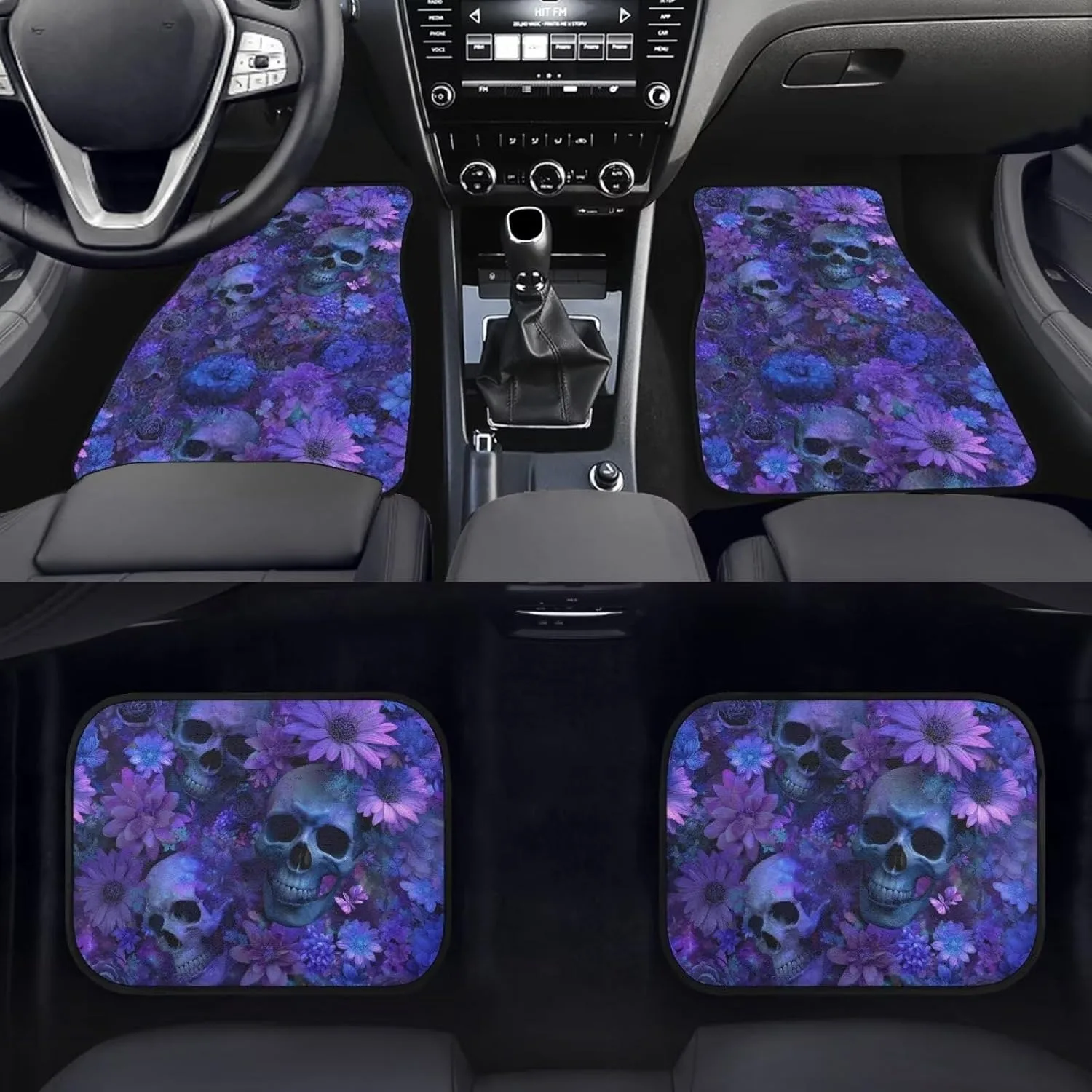 Set Of 4 Skull Flower Design Car Floor Mats, Non-Slip Front And Rear Carpets With Rubber Backing, Universally Compatible Auto In