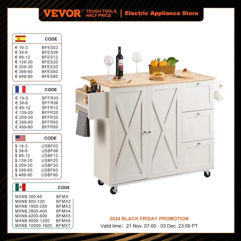 VEVOR 2-Door 1/2 3-Drawer White Mobile Kitchen Island Rubber Wood Desktop Rolling Kitchen Cart with Wheels for Home Bar Storage