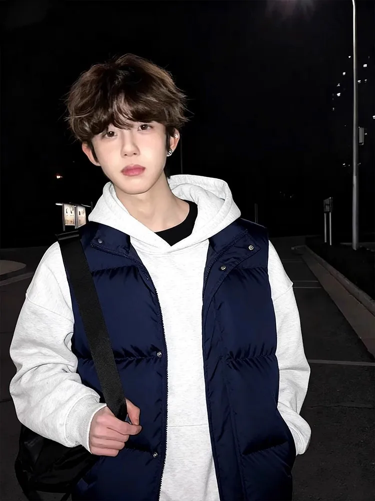 

Мужской утепленный жилет для подростков с подплечниками, осенне-зимний, модный, повседневный, свободного кроя, на молнии, однотонный