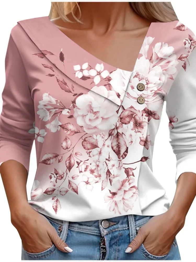 Elegant T Shirt For Women Fashion Print Pulovers Long Sleeve Tops Chic Shirts & Blouses Autumn Youthful Woman Clothes 2023