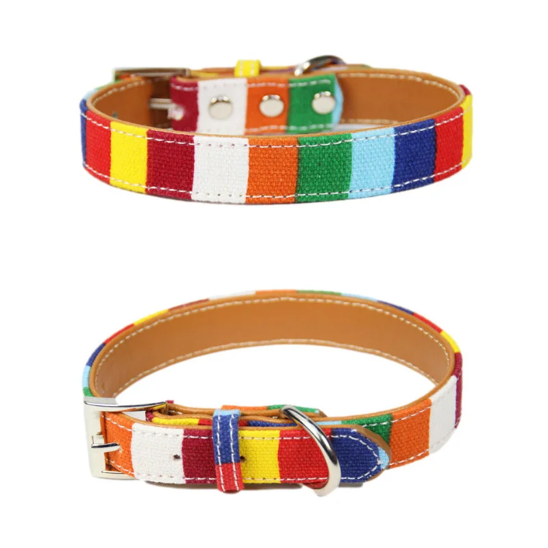 Colorful Dog Collar Rainbow Canvas Leash Adjustable Cat Dog Collar Puppy Necklace Correa Perro French Bulldog Dog Accessories