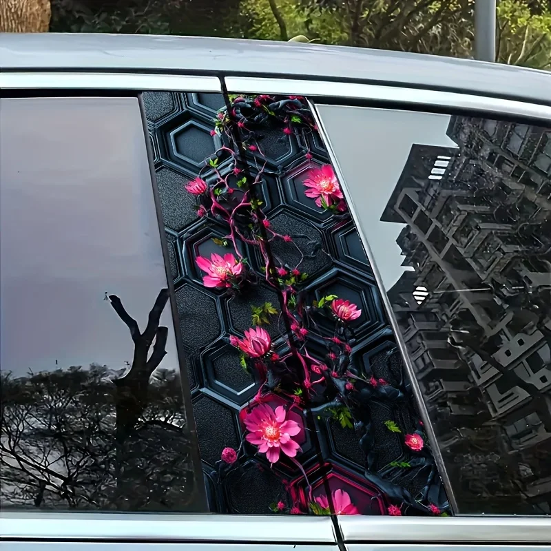 2 fashionable and cool car pillar stickers, unique creative B-pillar protective film. Dark honeycomb pink flower vine,