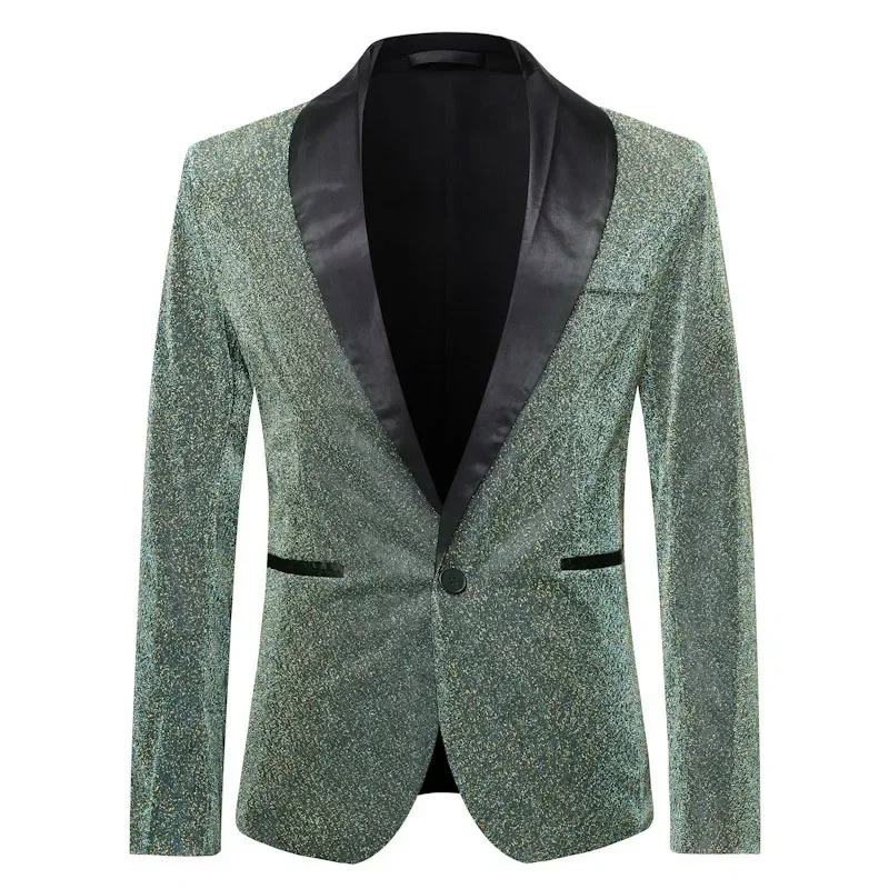 Men Shawl Lapel Blazer Slim Fit One Button Shiny Blue Glitter Suit Jacket Men DJ Nightclub Stage Singer Clothes Costume