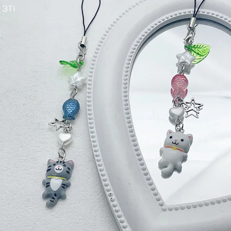 Y2K милый ремешок для телефона с котенком, свежий сладкий бисер, цепочка для мобильного телефона, подвески для мобильного телефона для девочек, брелок, подвеска для камеры