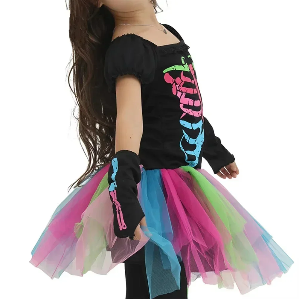 Kinder-Halloween-Hexen-Outfit für Mädchen, farbiges Skelettmuster, Tutu-Kleid, Leggings, Hut, Besen, Halskette, Süßigkeitentasche, Party-Kostüm-Set – Detail 6