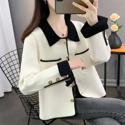 2023 New Skew Collar Knitted Long Sleeve Autumn Winter Slim Casual Solid Color Spliced Sweet Young Style Sweaters Cardigan