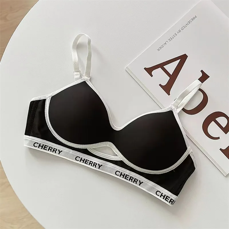 Summer Striped Lettering Light Face Gathered Anti-sagging Casual Black Bra No Scar Underwear Women No Steel Ring Bra