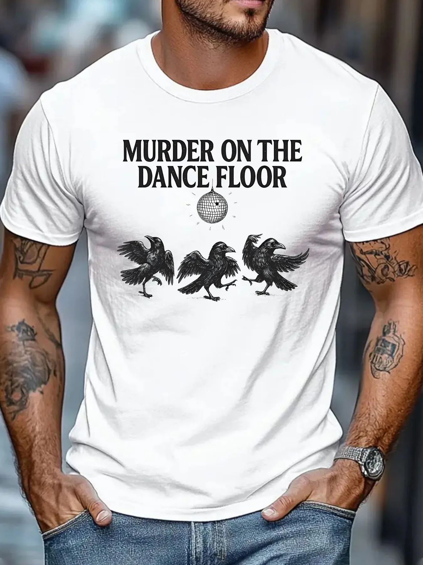 Dance Floor Murder T-Shirt, Local Murder T-Shirt, Vintage Raven T-Shirt, Witch Raven T-Shirt, Dark Academy Trend Pattern T-Shirt, Suitable for Summer Wear, Daily Casual, Crew Neck Short Sleeve, Fashion Men's Wear
