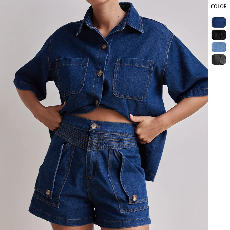 

2025 Summer European Women's Casual Vintage Loose Shirt & Denim Shorts Set - Stylish Cowgirl Look