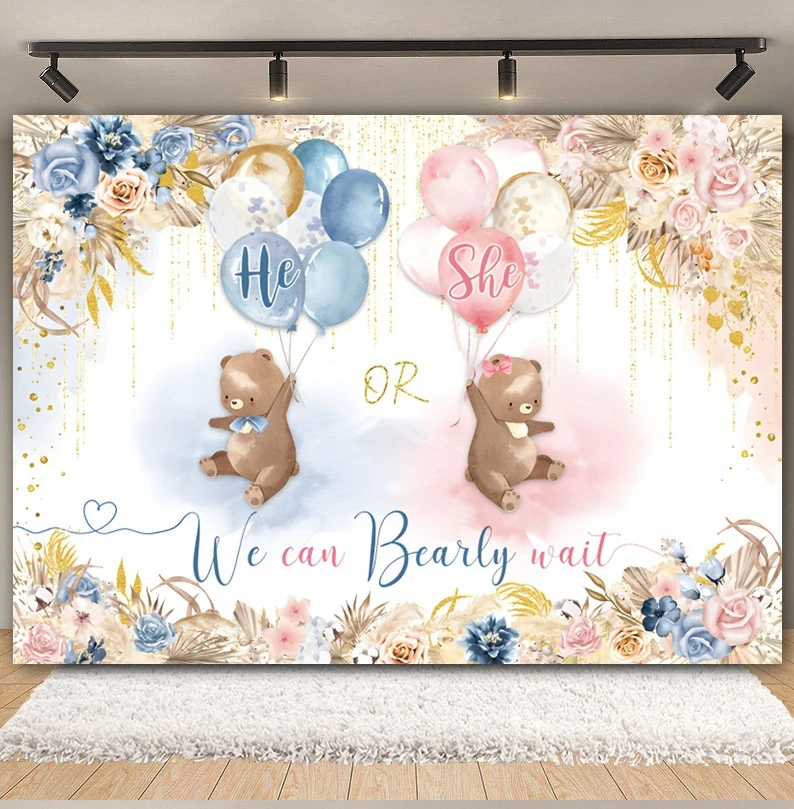 Gender Reveal Boy Or Girl Backdrop He Or She Blue Pink Balloon Elephant Bear Baby Shower Birthday Party Photography Background