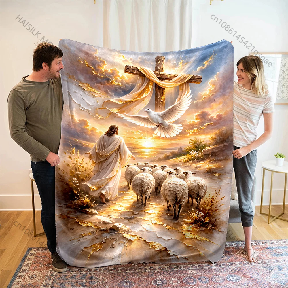 1PC Jesus sheep cross sunset Print Blanket Warm Soft Fluffy Kids and Adult Sofa Bed Throw Blanket Outdoor Travel Camping RV