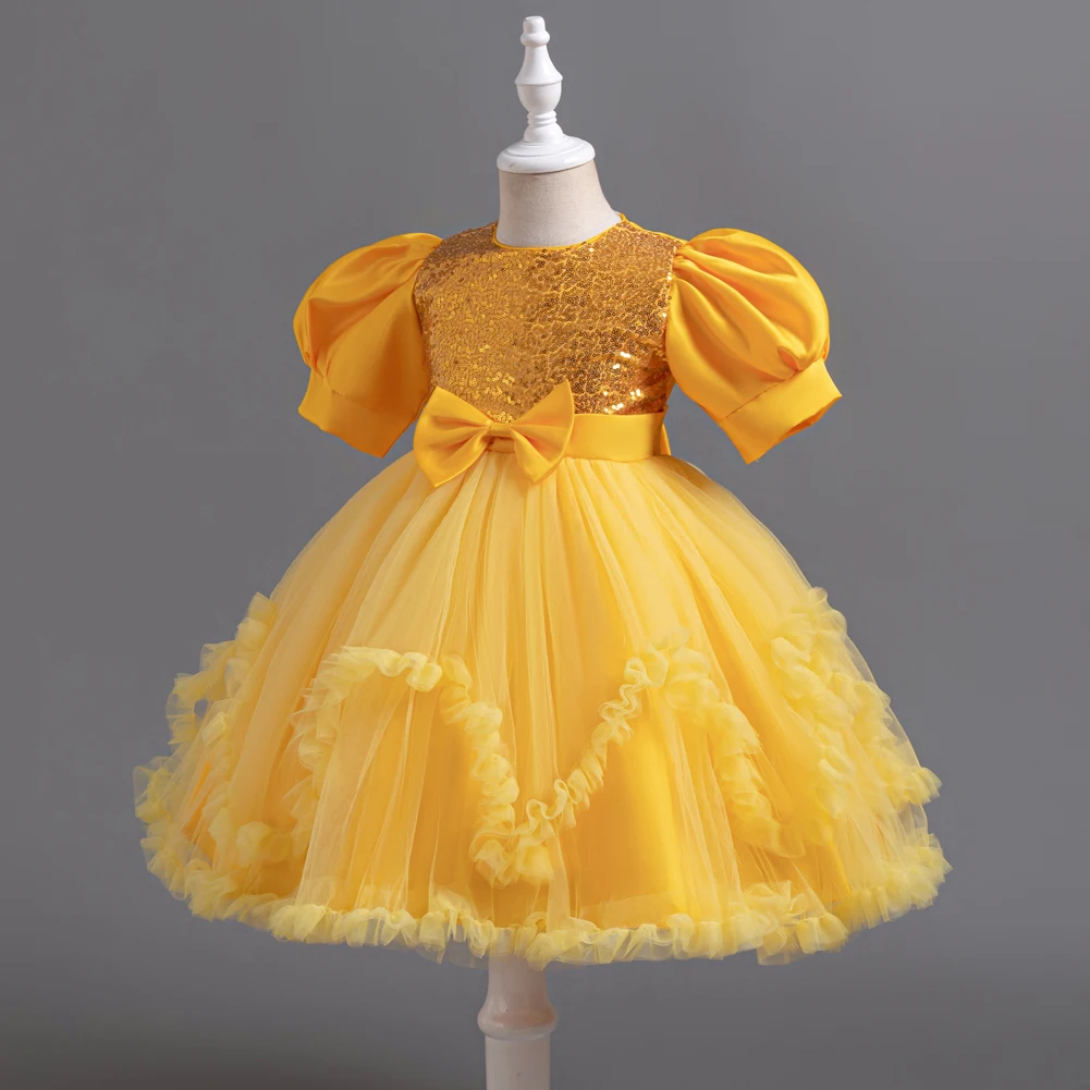 Yellow Bubble Sleeves Girl Princess Dress Sparkling Sequins Children\'s Birthday For 2 to 10 Years Ball Dress Party Wear