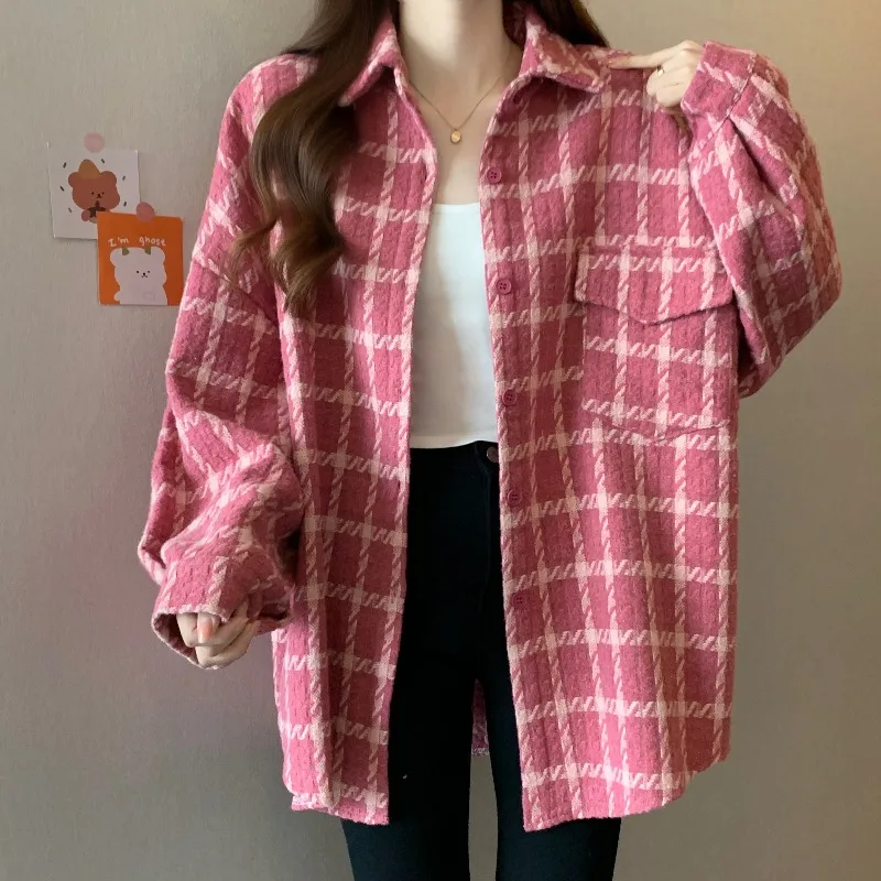 plus Size Women's Plaid Woolen Shirt Coat Loose Fitting Concealing Slimming Autumn Early Season Fashion Outerwear