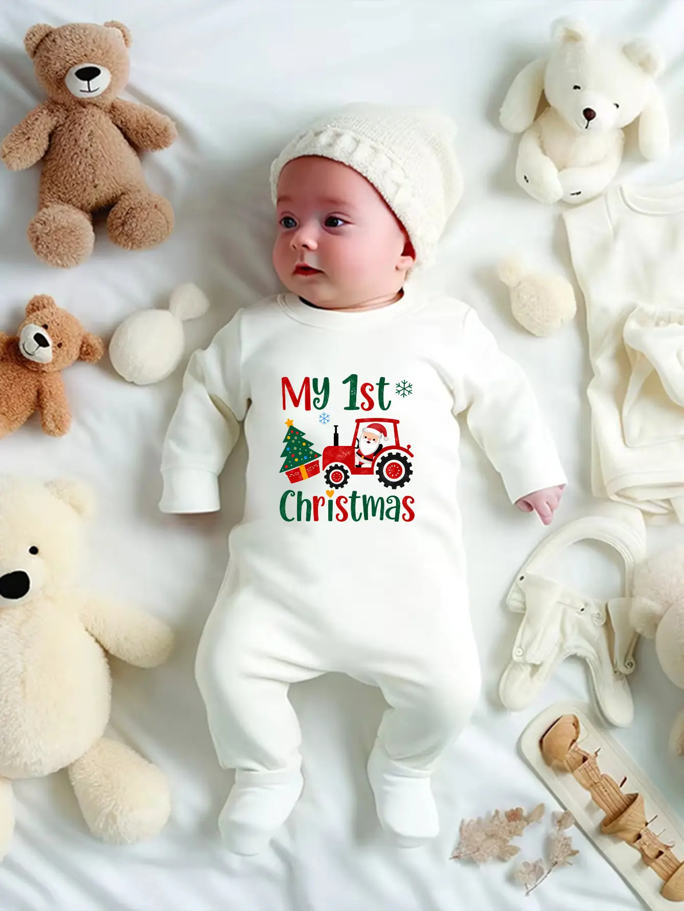 My First Christmas Baby Footed Romper Cute Santa Tractor Print Long Sleeve Newborn Jumpsuit Infant Christmas Outfit Clothes Gift