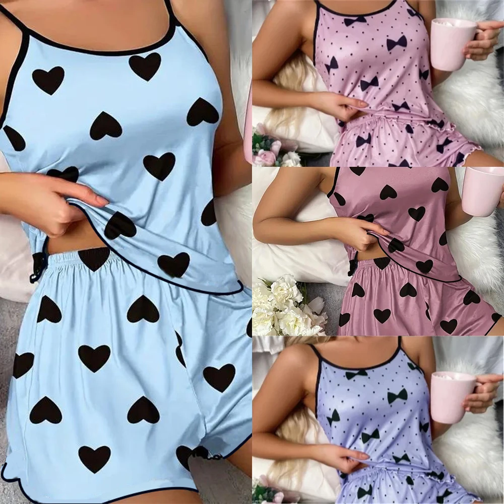 

Ice Silk Pajamas for Women, Cute Heart Print Short Sleeve Sleepwear Set, Cool & Breathable for Hot Summer Nights pijama