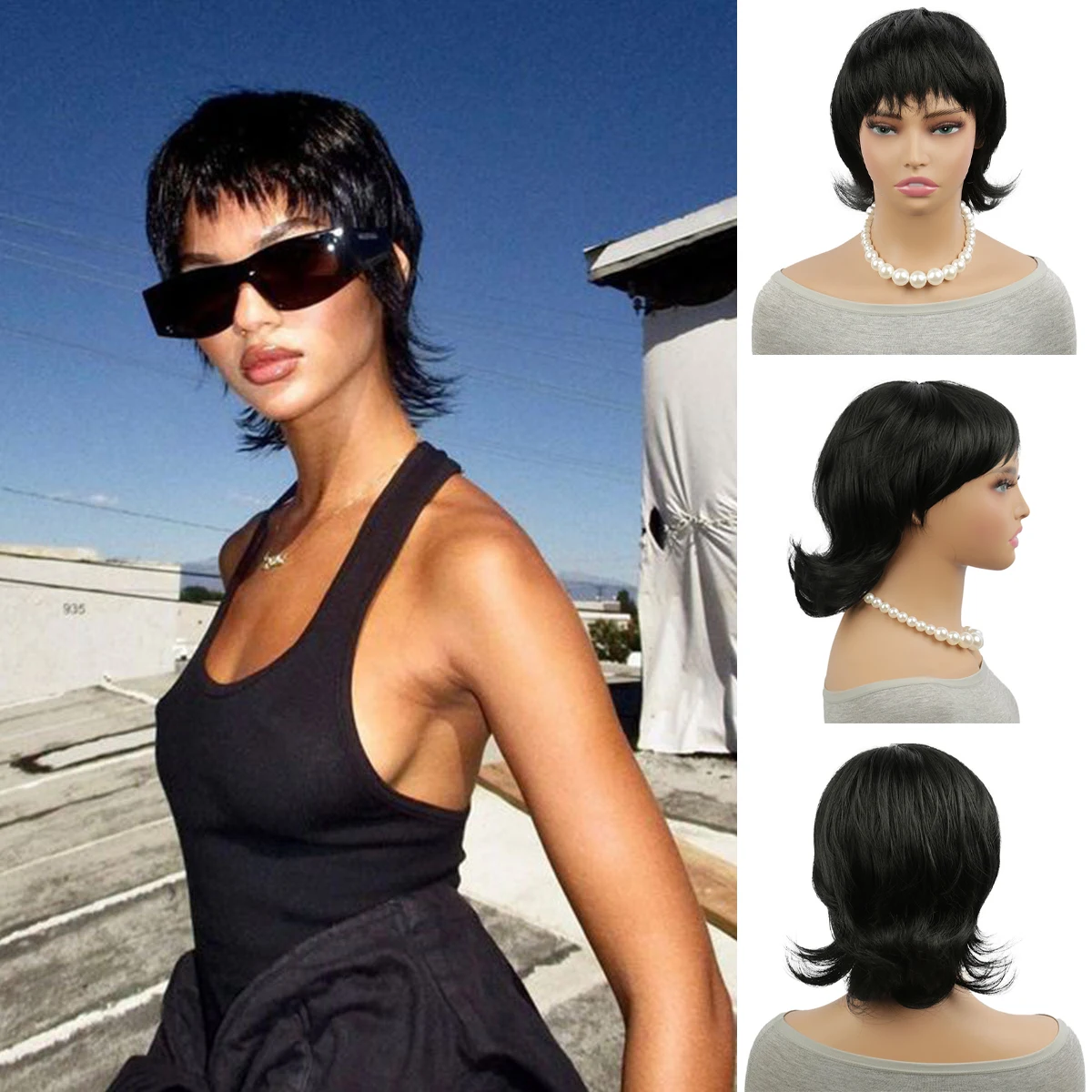 

Women Short Straight Mullet Wig 10 Inch Black Bug Wolf Cut Pixie Cut Synthetic Wig with Bangs for Beginners Daily Party Use