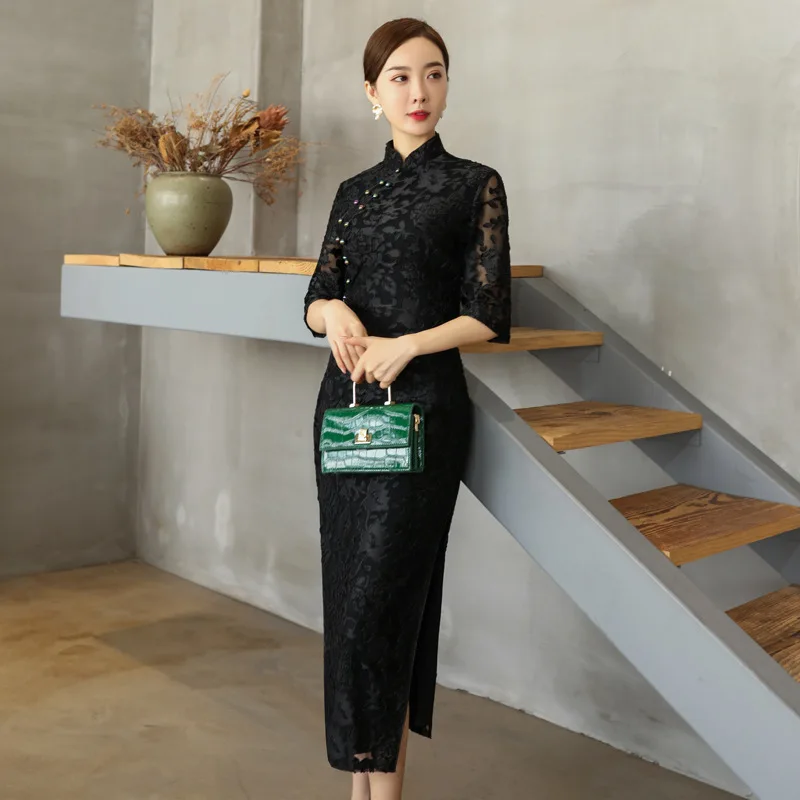 Cheongsam Elegant Retro Long Slim-Fit Dress High Slit Ruffle Lace Costume Mom