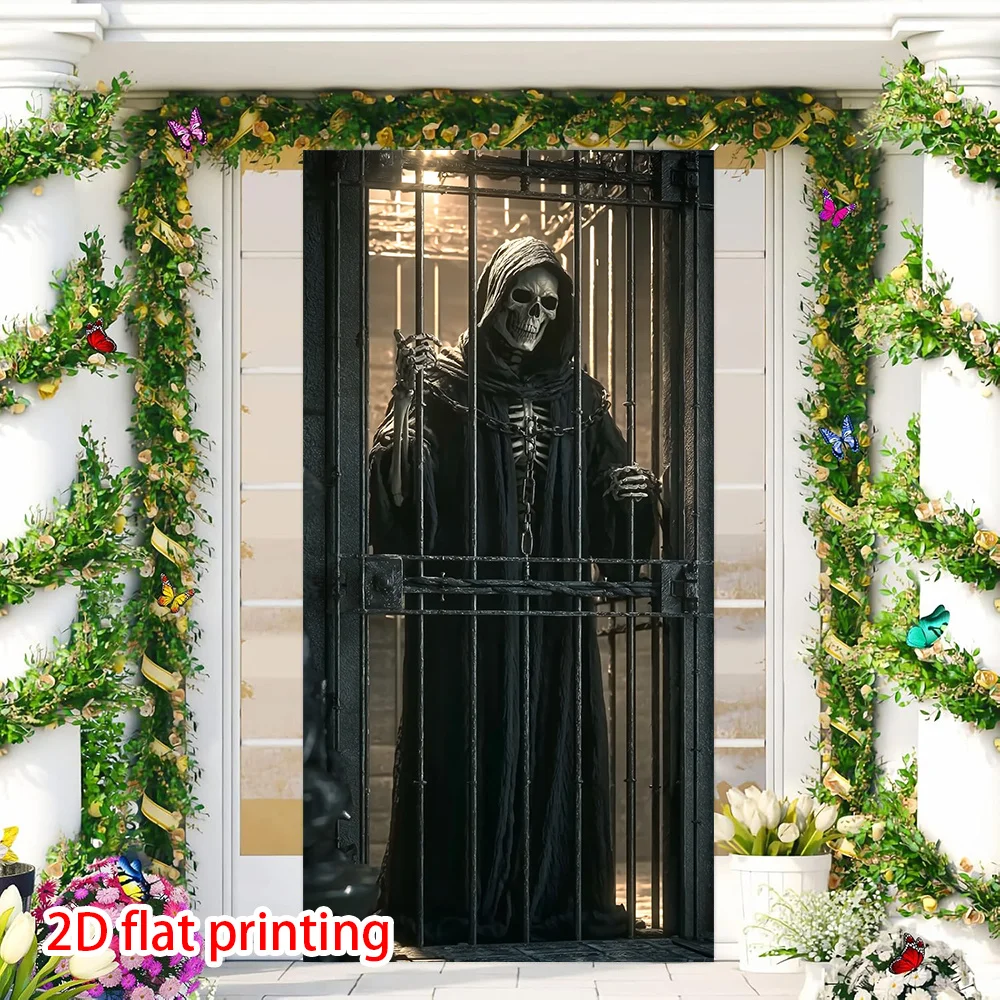 2D-Dekorationsbanner – Dekorationsbanner im gotischen Stil „Reaper of the Dead“, 2D-Flachdruck mit Totenkopf- und Käfigdekoration
