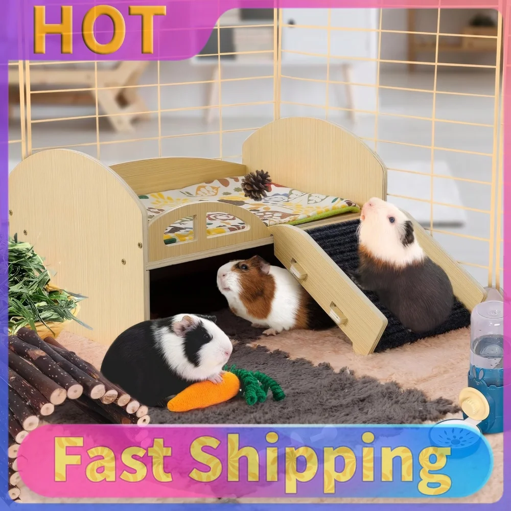 Guinea Pig Bed with Stable Stairs & Mat Wood Pet Toy Bed Washable Multi-Level Guinea Pig Castle for Hamsters Bunny Chinchillas