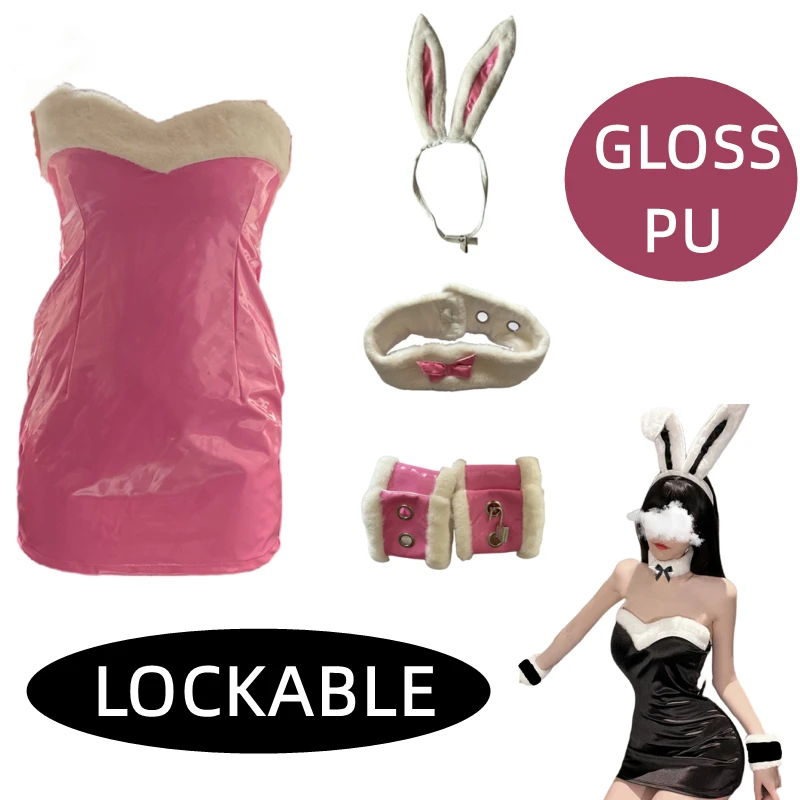 Gloss PU Bunny Girl Lockable Dress Lingerie Bondage Outfit With Lock Leather Restraint Playboy Bunny Ear Set Costume