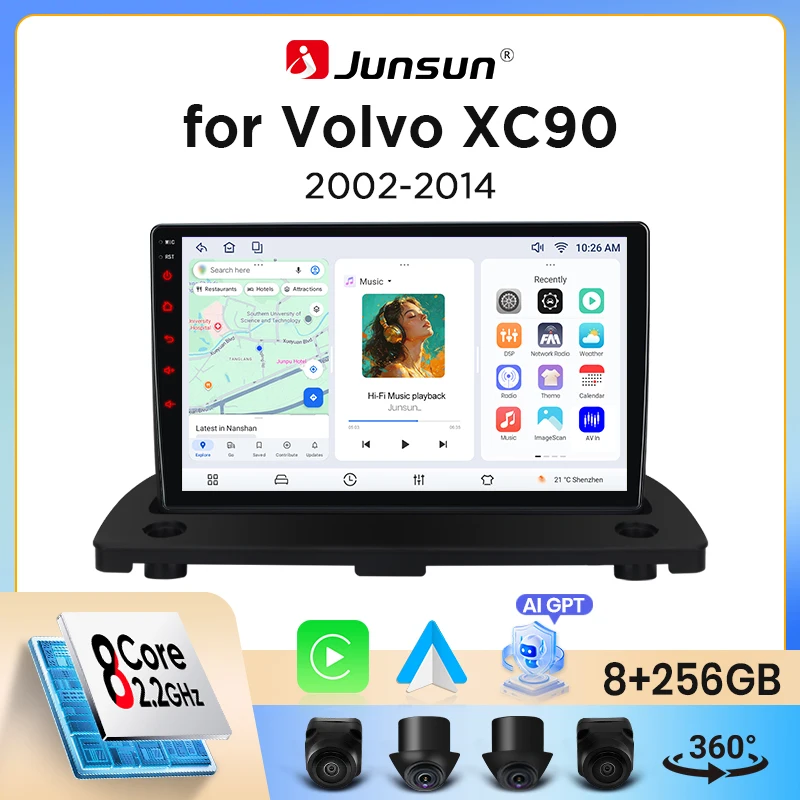 Image of Junsun Wireless CarPlay Android Auto Autoradio für Volvo XC90 Mk1 (P2) 2002-2014 mit integriertem Lüfter, Android GPS-Navigation, Multimedia-Player, WiFi, DSP, RDS, BT, SWC, IPS-Touchscreen,