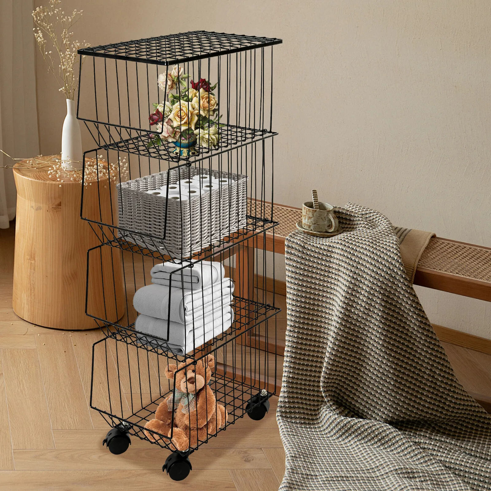 

4Tier Metal Wire Kitchen Organizer Storage Trolley Cart Rack Shelf Holder Basket
