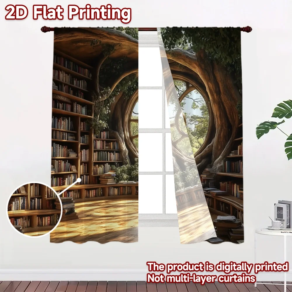 2D flat 2pcs Curtain Modern Minimalist Style Tree Library Durable polyester fiber Festive Curtains Perfect for Indoor