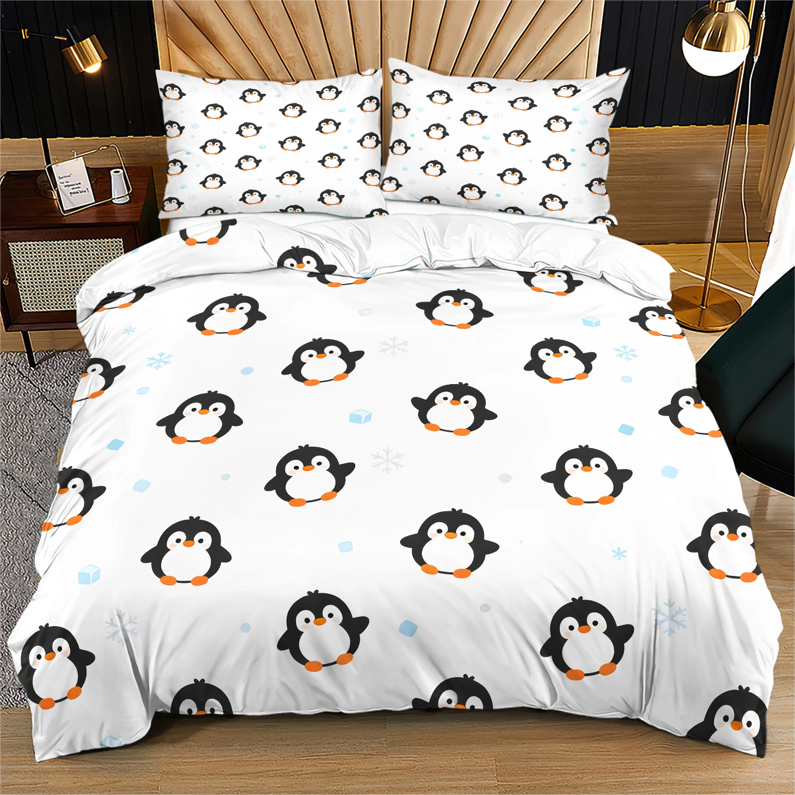 Cute Penguin Duvet Cover Set Cartoon Snowflake Print Bedding Set Soft Microfiber Comforter Cover with Pillowcase Zipper Closure