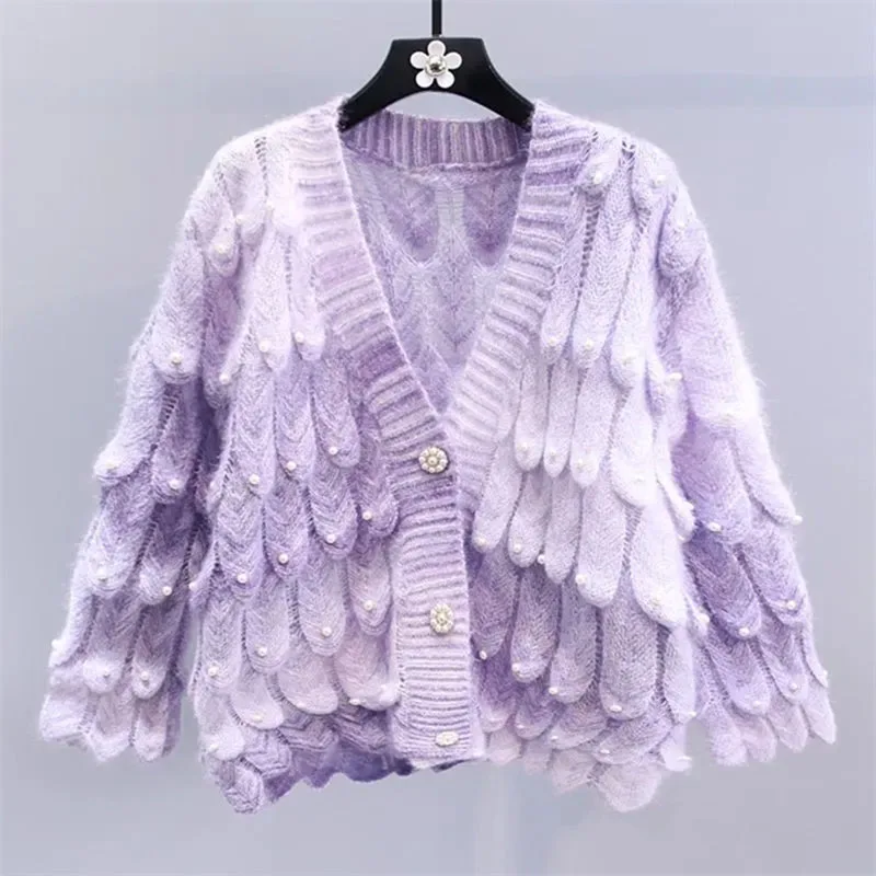 2024 New Cardigan Sweater Spring Autumn Women Loose V-Neck Single-Breasted Knitwear Fashion Stereoscopic Petals Tops Female