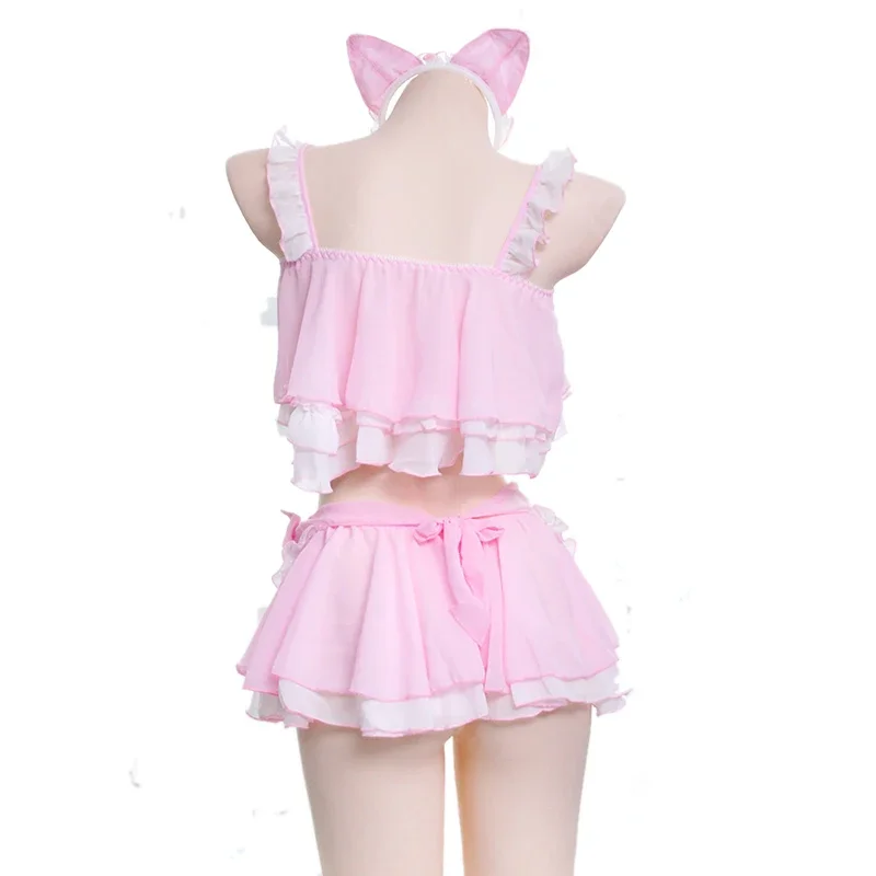 Anime Lolita Cats Girl Maid Swimsuit Costume Cute Pink Cat Ears Swimwear Uniform Pool Party Cosplay
