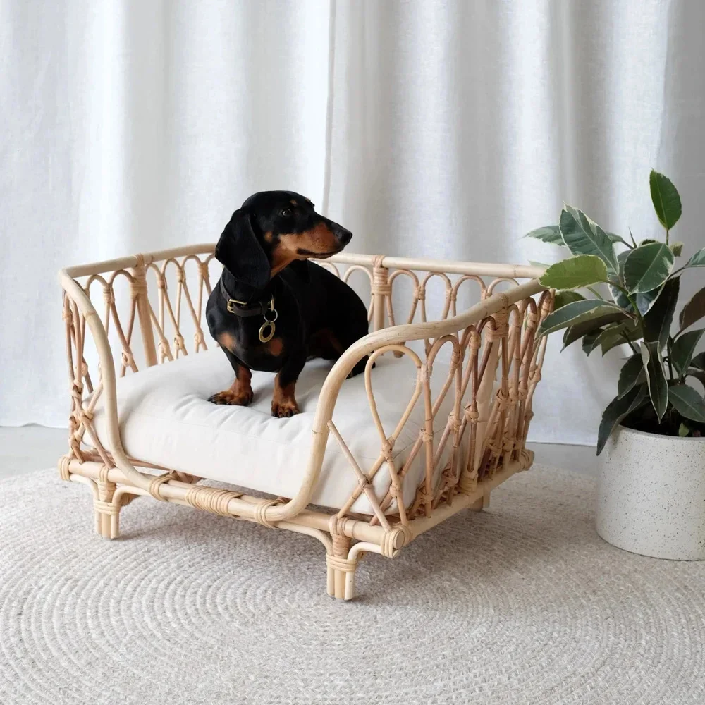 square handmade rattan woven pet bed detachable pet nest