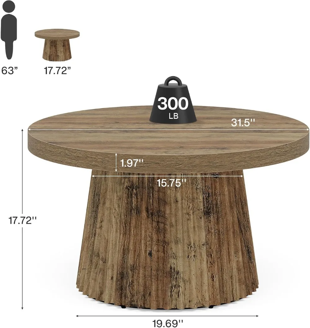 

Farmhouse Round Coffee Table with Fluted Base, Modern Accent Table for Living Room, Small Space, Brown