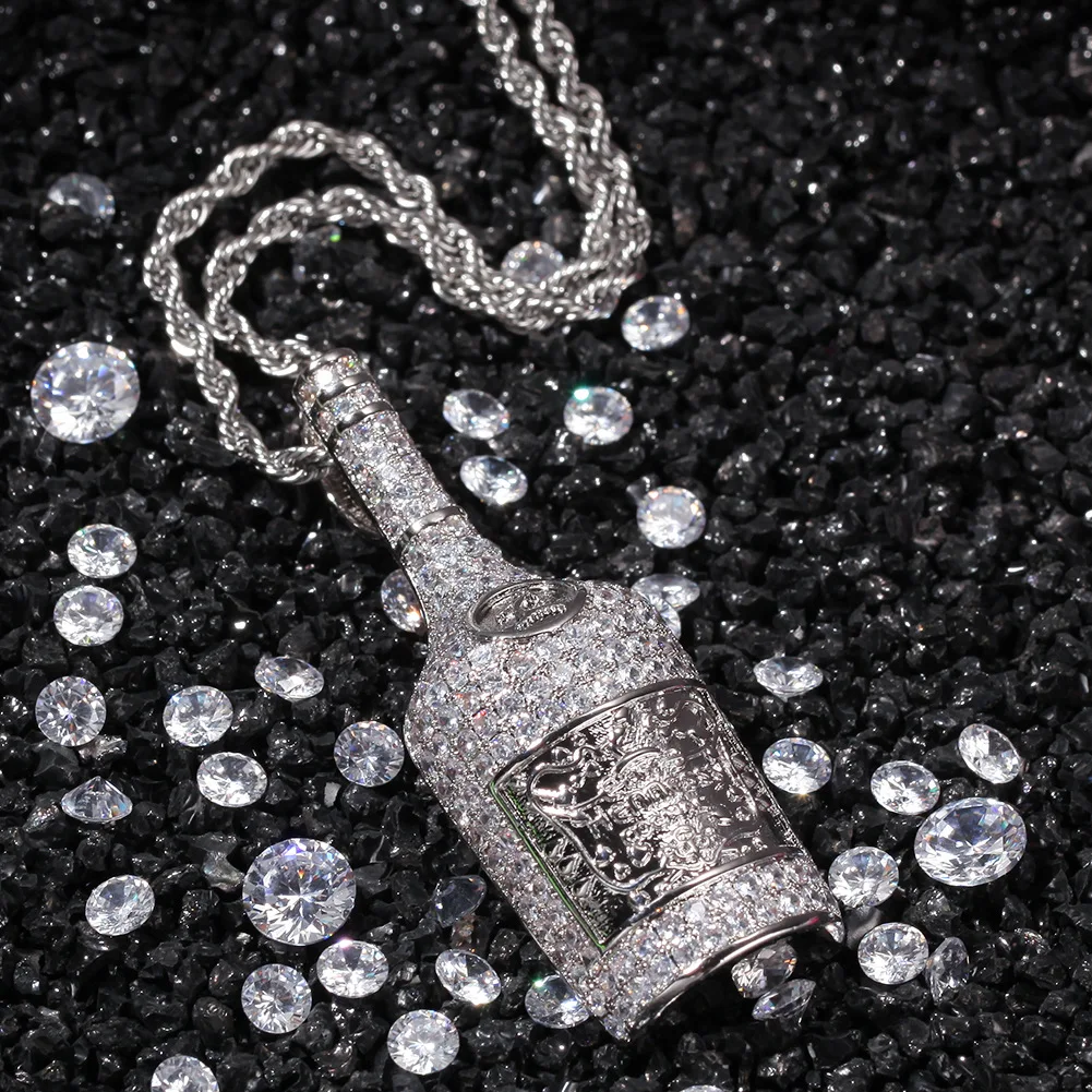 Hipster Design Wine Bottle Shape Bling Bing Iced Out Pendant Necklace Rock Rapper Fashion Hip Hop Jewelry BP296