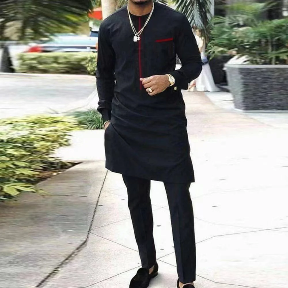 

New Men Suits 2023 Solid Color Long Sleeve Top Pant Sets Men Dashiki Two Piece Clothes Youth Leisure Party Wedding Suit