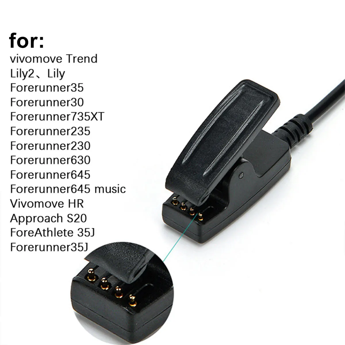 Universal Charging Cable Clip for Garmin 4-Pin Smart Watch Vivomove Trend Lily 2 Forerunner Approach ForeAthlete 735XT Series