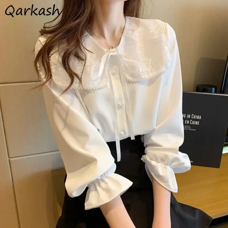 

Рубашки женские, весенние, с воротником Питера Пэна, дизайнерские топы, популярная одежда, с расклешенными рукавами для девочек, милые, простые, нежные, базовые, новейшие женские