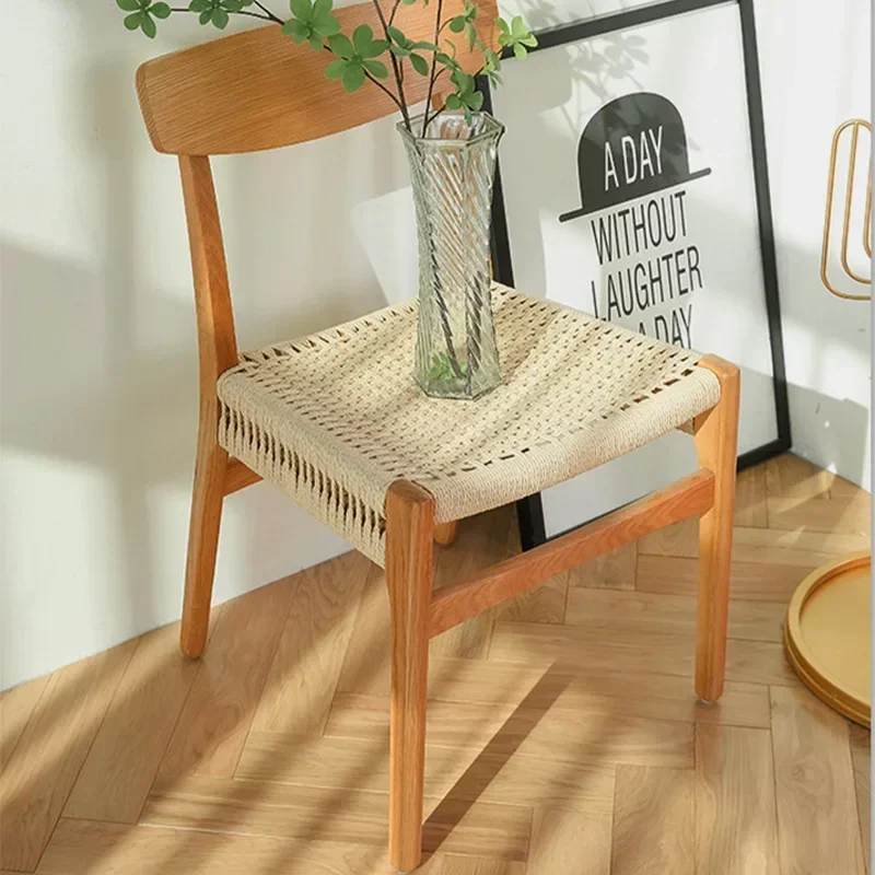 Retro Solid Wood Rope Dining Chair Modern Minimalist Home Woven Makeup Stool Nordic Rattan Back Chair Living Room Furniture New