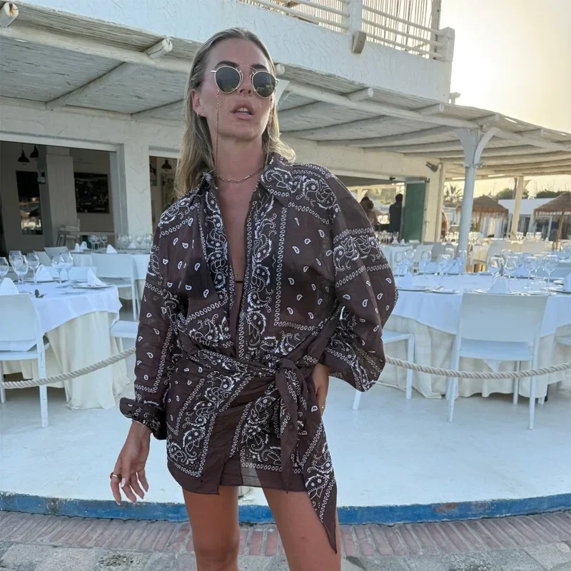 Fashion Paisley Floral Print Loose Shirt and Square Scarf Mini Skirt Set 2026 Summer Vacation Beach Wear